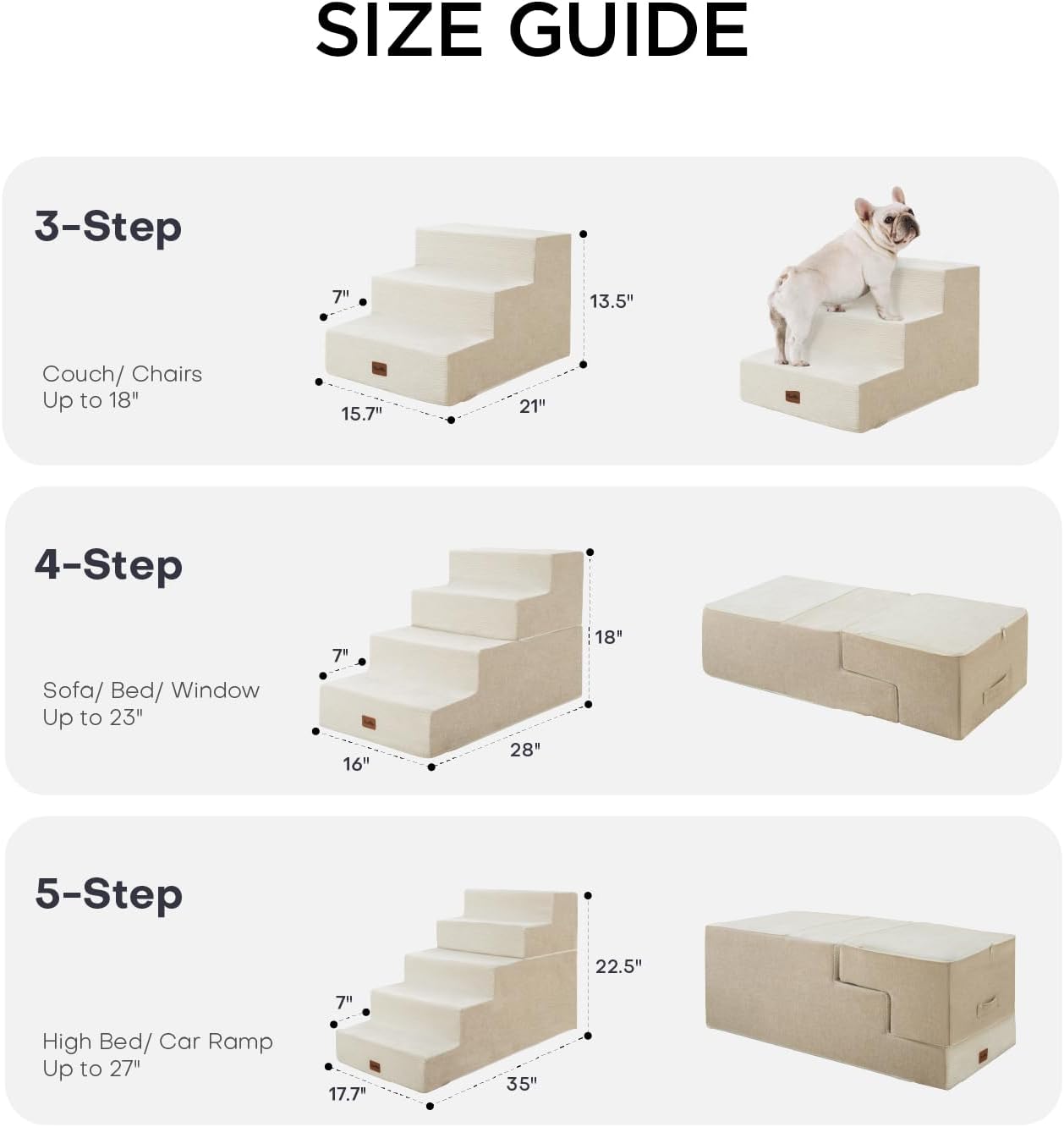 Made4Pets Dog Stairs for High Bed, Extra Wide Pet Stairs for Bed Couch Sofa, 35D Foam Pet Steps for Small Dogs and Cats, Non-Slip Bottom Dog Steps, Beige, 5 Steps - Pet Explorer