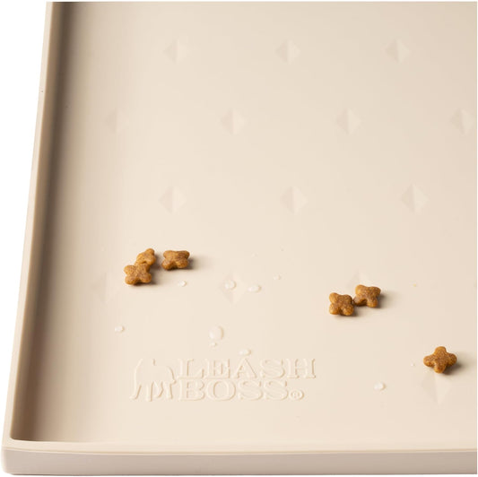 Leash Boss Dog Food Mat for Food and Water Bowls, Waterproof Silicone Pet Feeding Mat for Floors, Extra Tall Raised Edges, Cat and Dog Placemat for Floors, Dishwasher Safe (Medium: 20"x 13" - Beige)