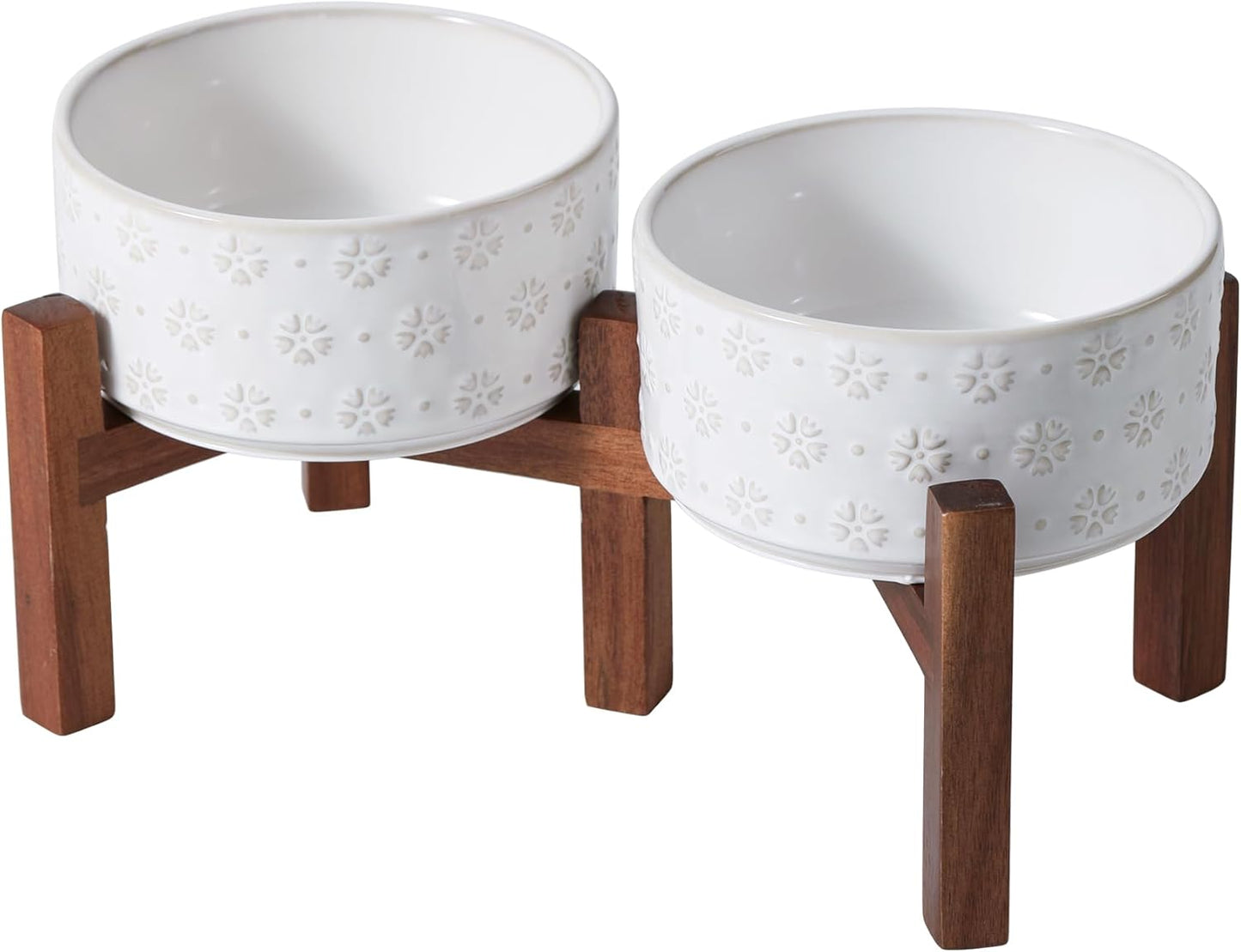 6.1inch Ceramic Raised Double Bowls Set with Acacia Wood Stand, 2 Heights Elevated, Food & Water Bowls for Small Breed Dogs, Weighted Dog Dishes, Pet Bowl(27oz, Arctic White) - Pet Explorer