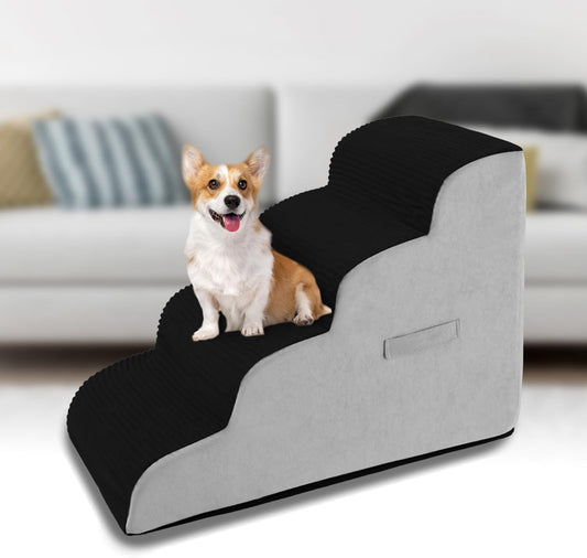 High Density Foam Dog Stairs Steps, Non-Slip Extra Wide Deep Pet Steps for Beds Or Couches, for Injured or Older Pets Dogs and Cats with Joint Pain (4-Tiers (Black)) - Pet Explorer