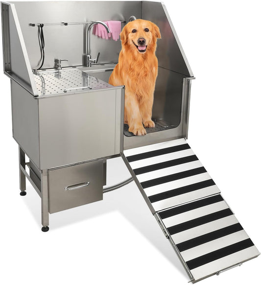 50" Dog Washing Station, Professional Stainless Steel Pet Dog Bathing Station with Ramp, Faucet, Storage Drawer, Floor Grate Dog Bathtub for Large, Medium, Small Pets (Right Ramp) - Pet Explorer