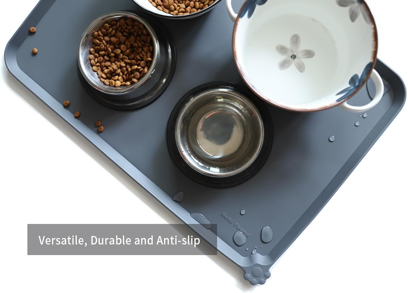 Hoki Found Large Silicone Pet Feeding Tray - Waterproof Dog Pet Cat Feeding Mat - Non Slip Pet Dog Cat Food Bowl Mats Placemat -Pet Water Mats for Carpet -Gray - Pet Explorer