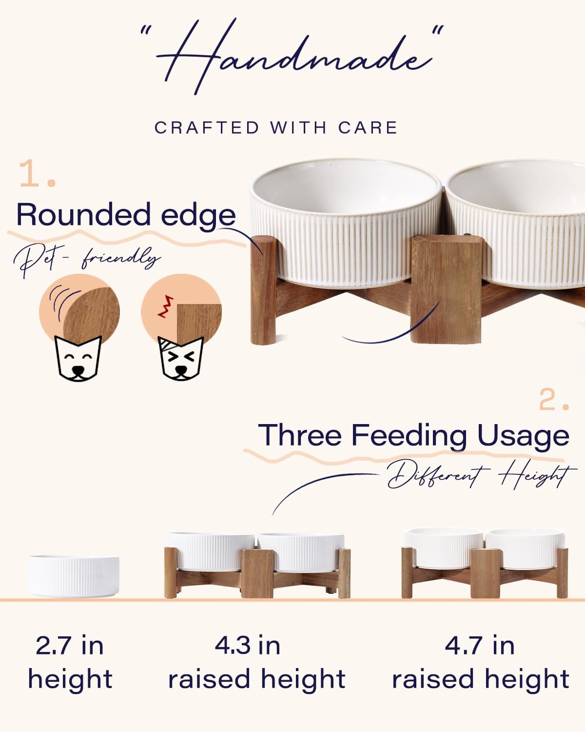 Getstar Ceramic Dog Bowls with Acacia Wood Stand, 30 fl oz, Set of 2, Dog Food Bowl, Cat Bowls (6.5 inches) (Vintage White) - Pet Explorer