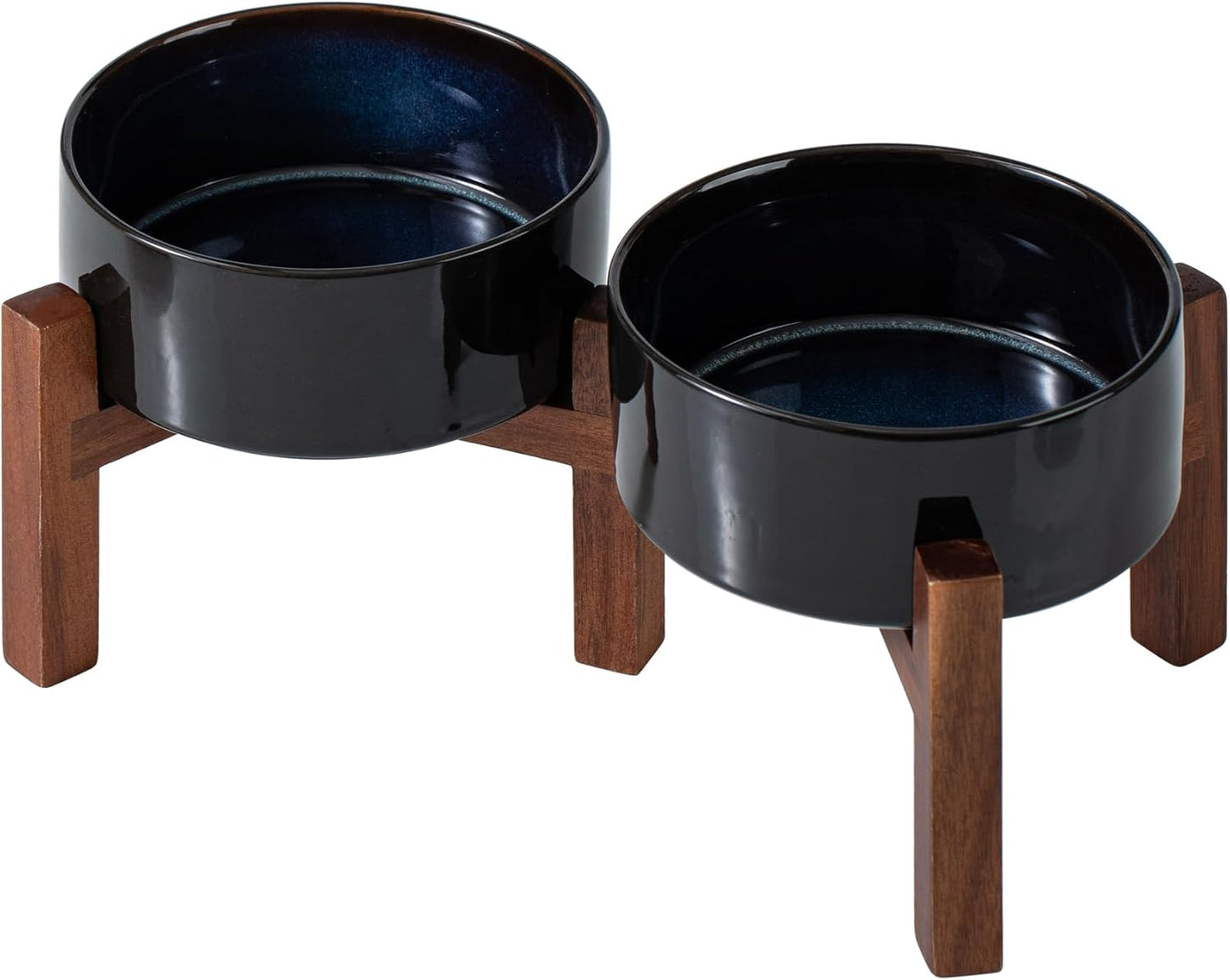 Ceramic 6.1inch Raised Double Dog Bowls Set with Acacia Wood Stand, 2 Heights Elevated, Food & Water Bowls for Small Dogs(28.2oz, Starry Sky) - Pet Explorer