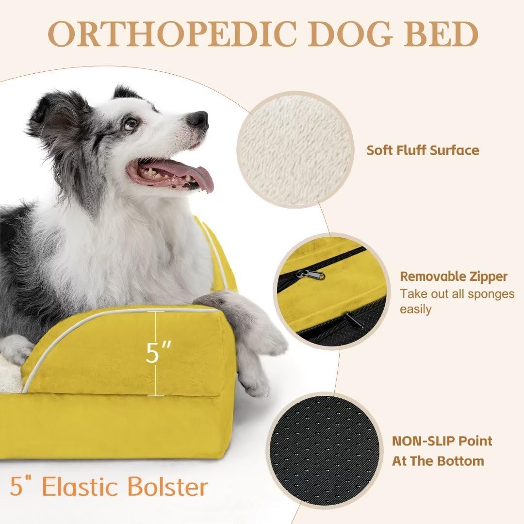 Comfort Expression Orthopedic Dog Beds, Jumbo Dog Bed for Extra Large Dogs, Waterproof Dogs Beds, PV Washable Pet Sofa Couch with Removable Cover & Non-Slip Bottom(Jumbo,Spicy Mustard) - Pet Explorer