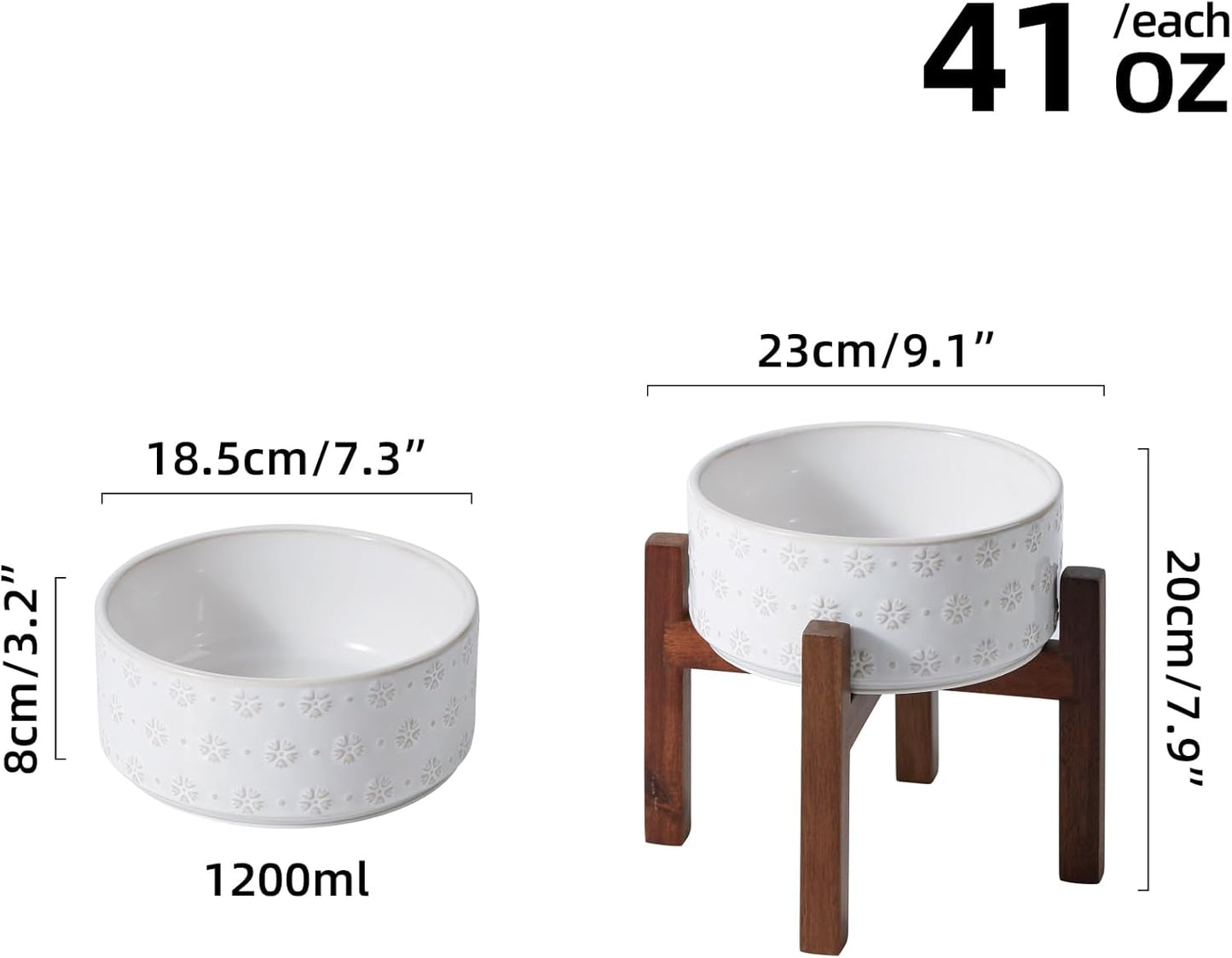 7.3inch Ceramic Raised Dog Bowl Set, Elevated with Acacia Wood Stand, Food and Water Bowl for Medium Breed Dogs, Weighted Dog Dishes, Pet Bowl(41OZ, Arctic White) - Pet Explorer