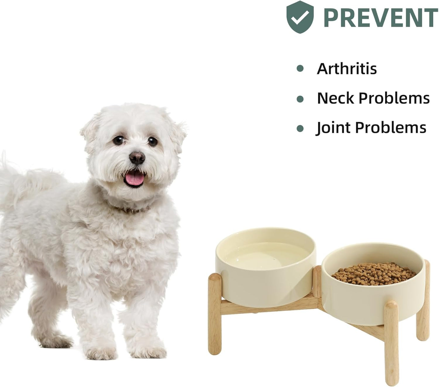 Ceramic 6.1inch Raised Dog Bowl with Stand for Small and Medium Breed Dog Dish Pet Food and Water Bowl (Double Bowl with Stand - Beige, 28oz) - Pet Explorer