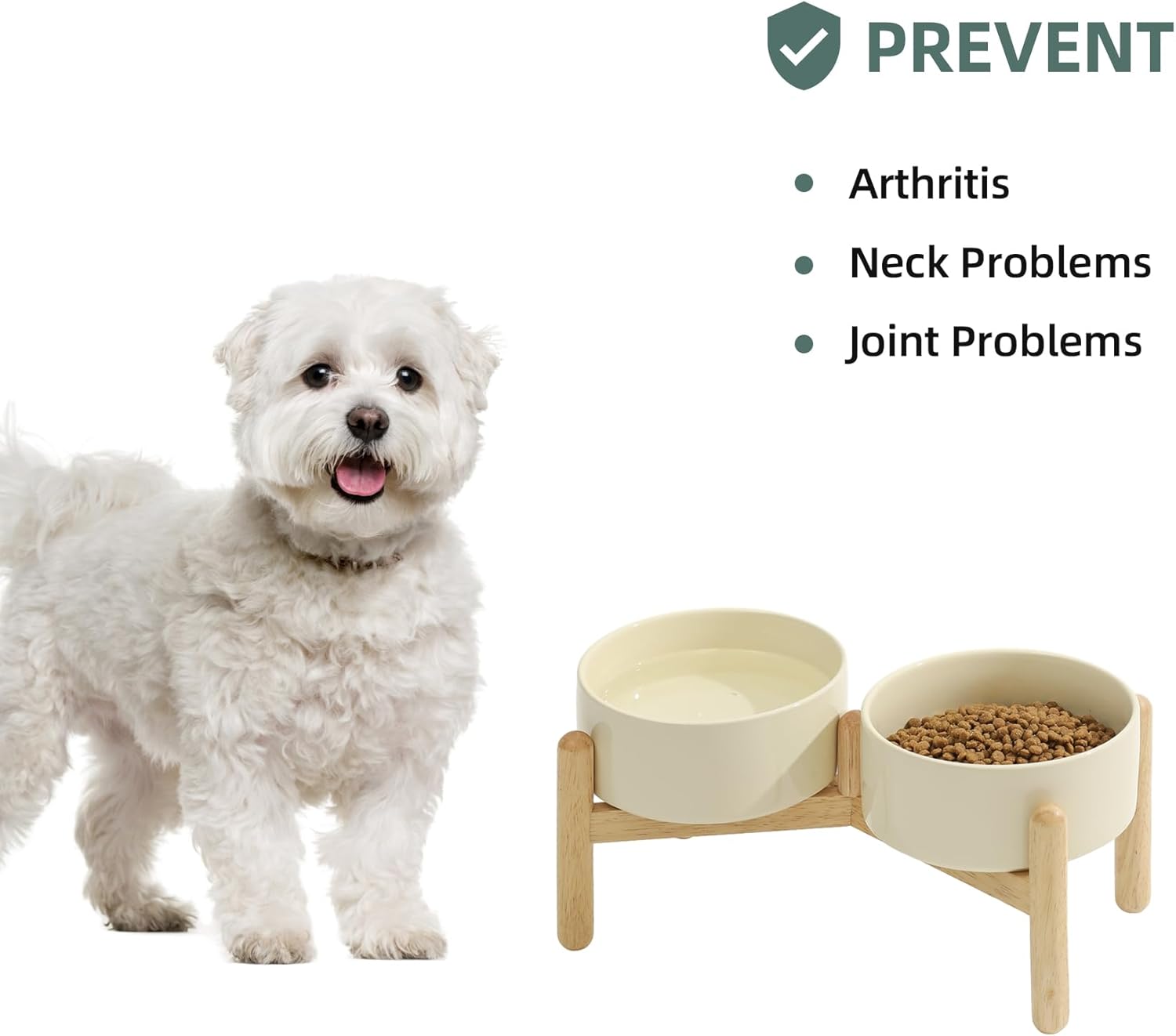 Ceramic 6.1inch Raised Dog Bowl with Stand for Small and Medium Breed Dog Dish Pet Food and Water Bowl (Double Bowl with Stand - Beige, 28oz) - Pet Explorer