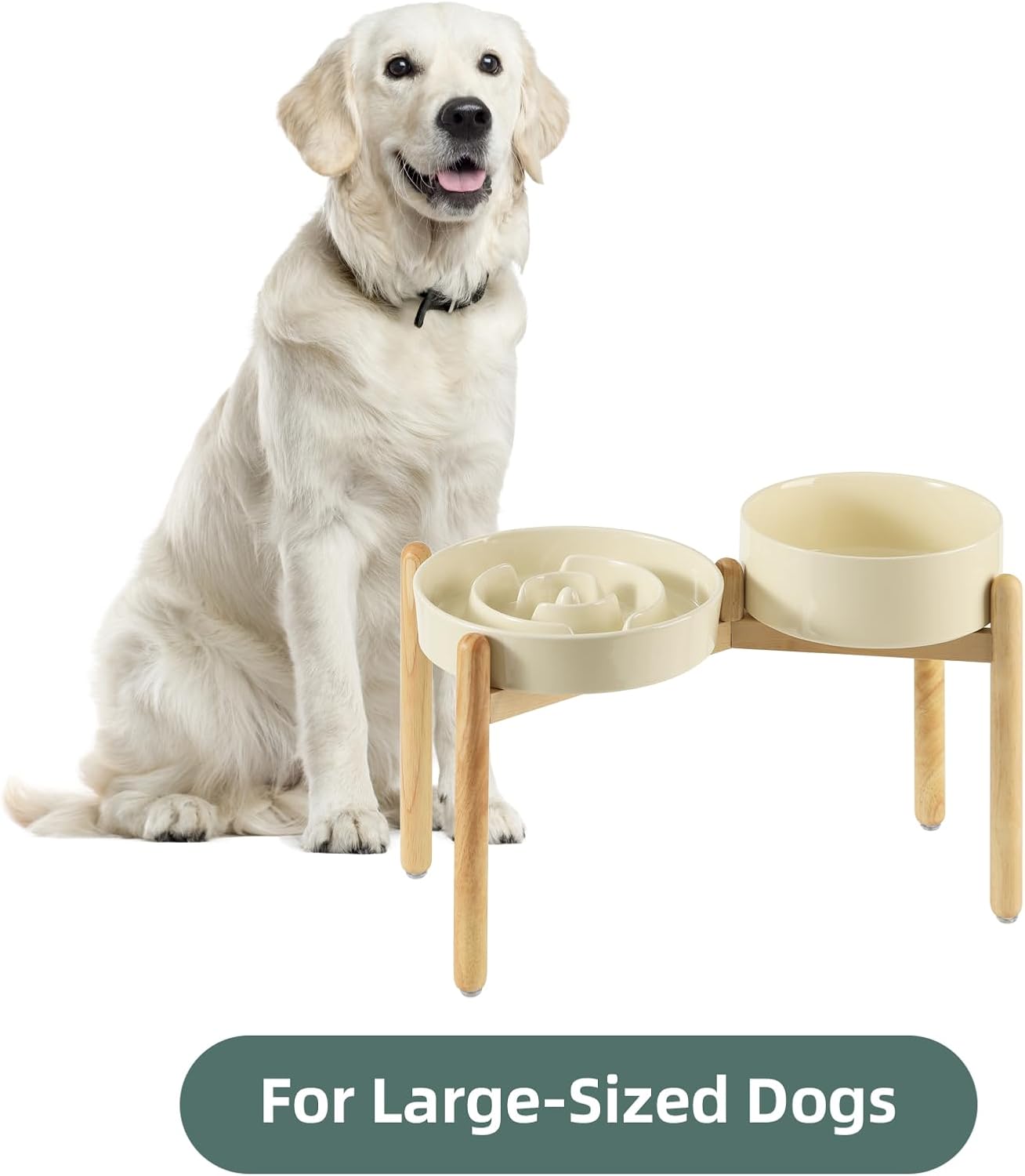 Ceramic Raised Slow Feeder Dog Bowl Set, Elevated 8.2inch Bowl and 9.5inch Puzzle Slow Food Dish with Wooden Stand for Large Dog, Anti-Gulping (2X Beige+ Stand) - Pet Explorer