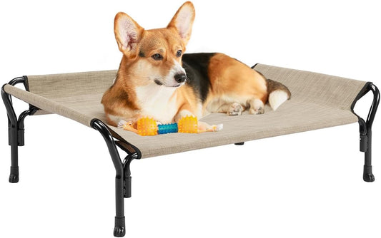 Veehoo Medium Elevated Dog Bed, Guardrail, Non-Slip, Teslin Mesh, 35"L x 26"W x 11"H, Beige Coffee - Pet Explorer