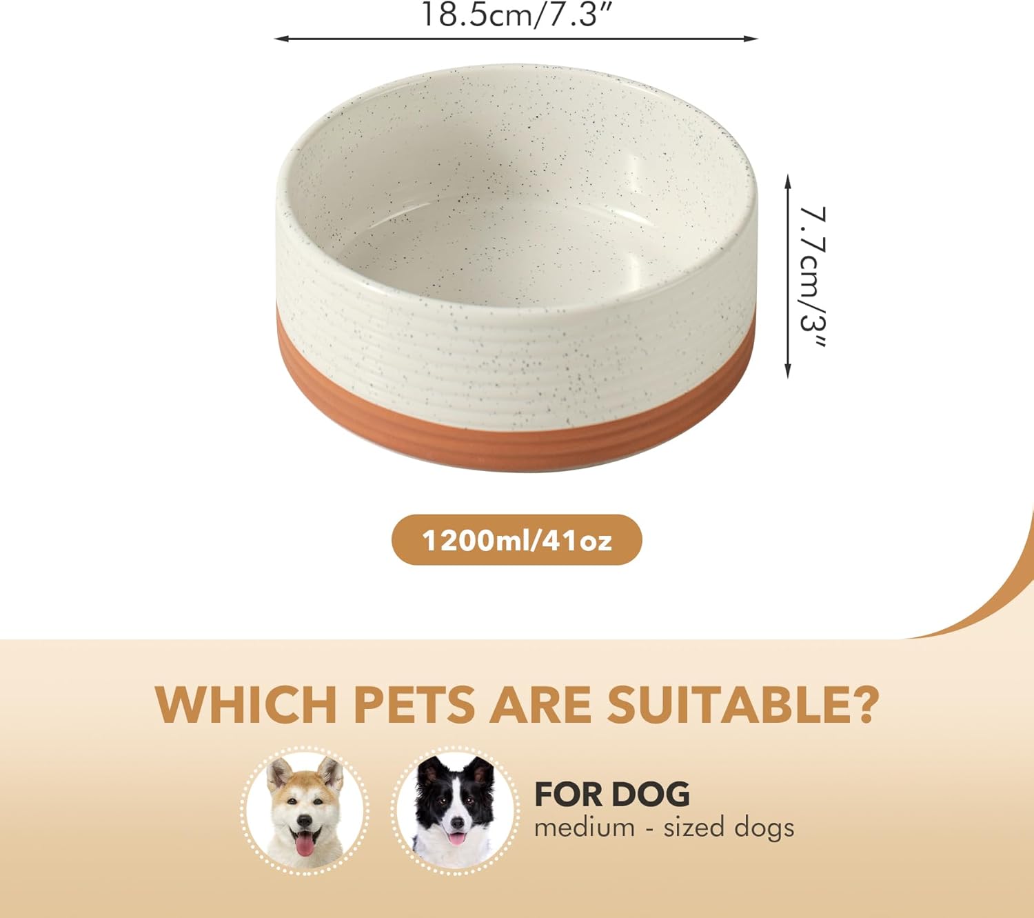 Ceramic 7.3inch Dog Bowl for Medium Breed Dogs, Anti-Slip and Weighted Pet Food and Water Dishes(Single Bowl, Vanilla White) - Pet Explorer