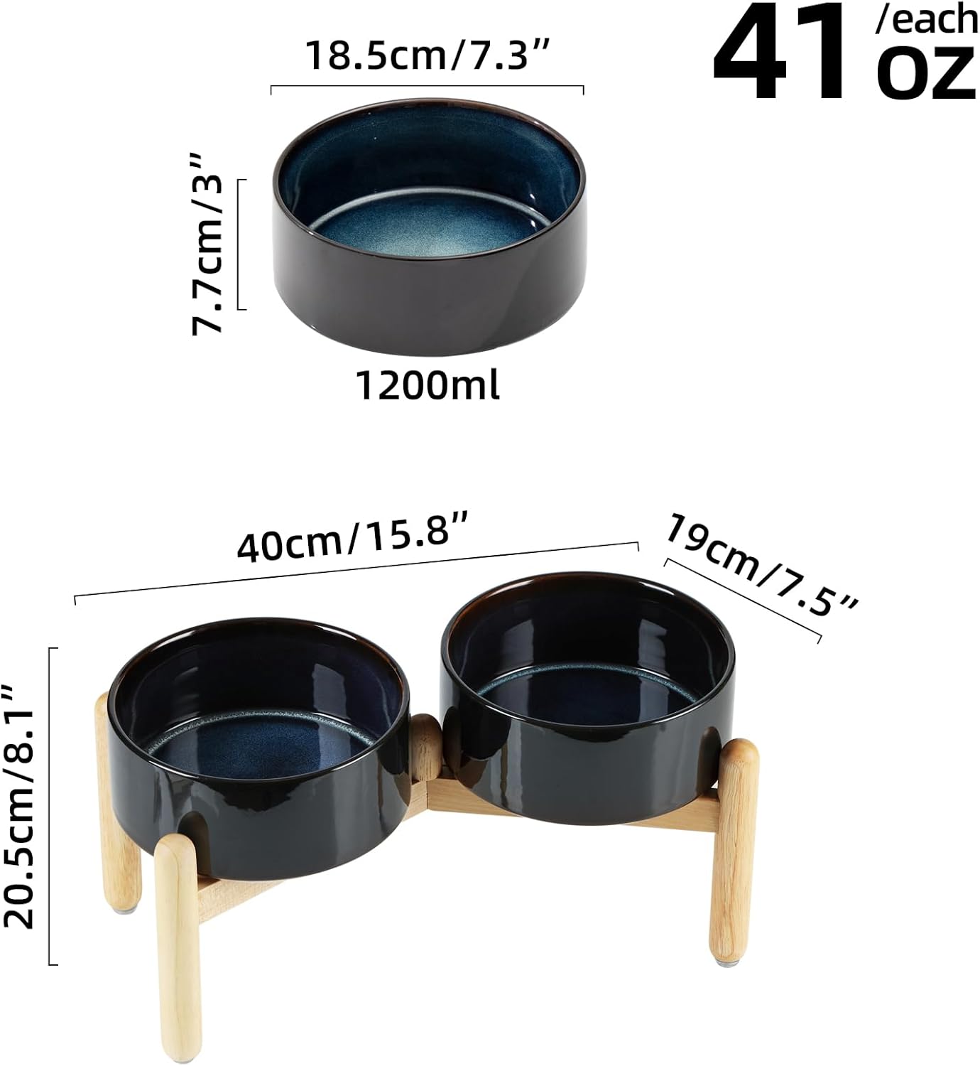 Ceramic 7.3inch Raised Double Bowls Set with Wooden Stand, Food & Water Bowls for Medium Breed Dogs, Weighted Dog Dishes, Pet Feeder(Starry Sky) - Pet Explorer
