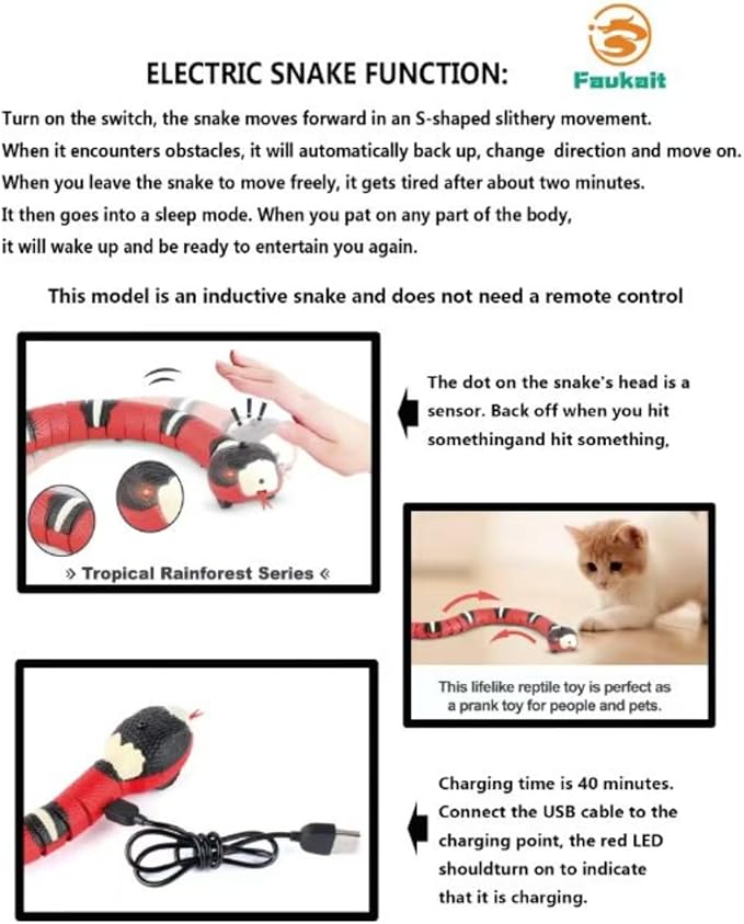 Cat Toys Snake Interactive,Kitten Toys,Realistic Smart Sensing Snake Toy,USB Rechargeable,Automatically Sense Obstacles and Escape,Electric Tricky Snake Cat Toys for Indoor Cats Dogs(Pink snake)