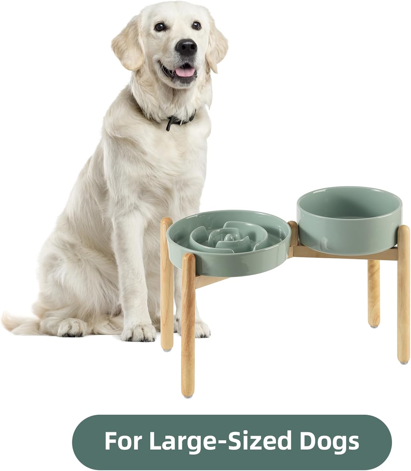 Ceramic Raised Slow Feeder Dog Bowl Set, Elevated 8.2inch Bowl and 9.5inch Puzzle Slow Food Dish with Wooden Stand for Large Dog, Anti-Gulping (2X Light Green+ Stand) - Pet Explorer