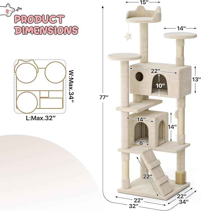 MoNiBloom 77 Inch Cat Tree Tower for Indoor Cats Large Adults, Tall Cat Tower with Scratching Post, Multi-Level Furniture Activity Center with Cat Condo Pet Play House, Beige