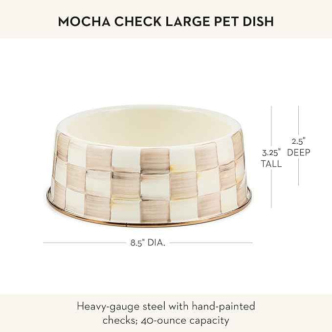 MACKENZIE-CHILDS Enamel Pet Bowl, Cute Cat and Dog Bowl for Food and Water, Large, Brown-and-White Mocha Check