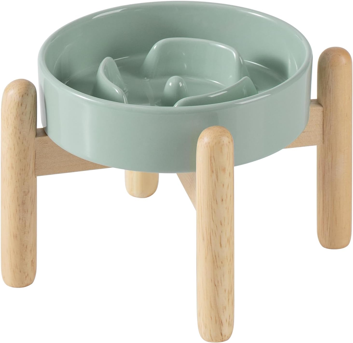 6.1inch Ceramic Raised Slow Feeder Dog Bowl Set, Elevated Wooden Stand for Small Dog and Cat, Puzzle Slow Dish, Preventing Choking(Light Green, Single Bowl+ Stand) - Pet Explorer