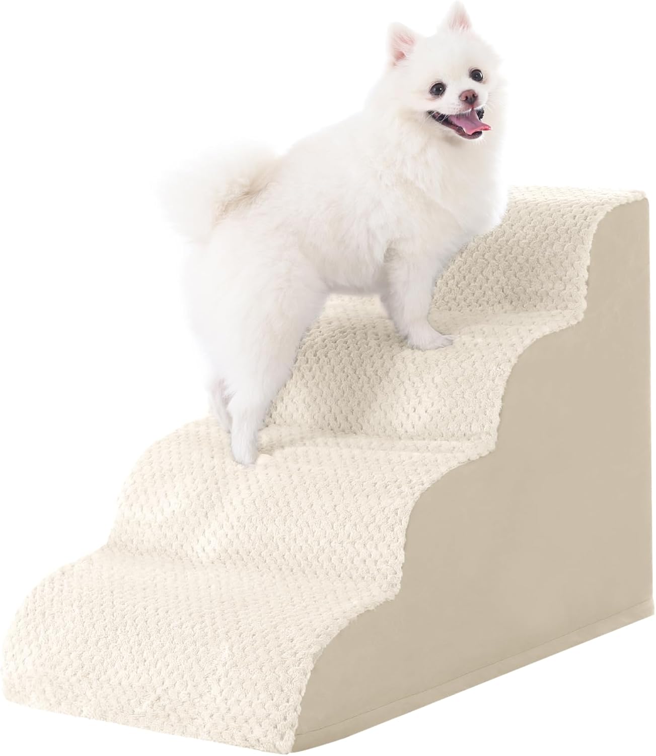 MIHIKK Dog Stairs Ramp, Curved 4-Step Dog Steps for Small Dogs and Cats, Pet Stairs for High Beds and Couch with Anti-Slip Washable Cover and Durable High Density Foam, Beige - Pet Explorer