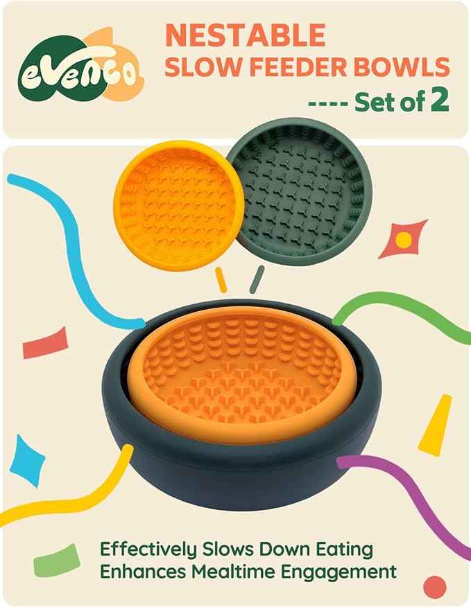 Dog Lick Bowl 2PCS, Silicone Lick mat with Non-Slip Suction Base, Freeze-Friendly Slow Feeder Bowl for Dog Enrichment, Small Orange & Medium Dark Green (5.7" x 1.95" & 6.9" x 2.35")
