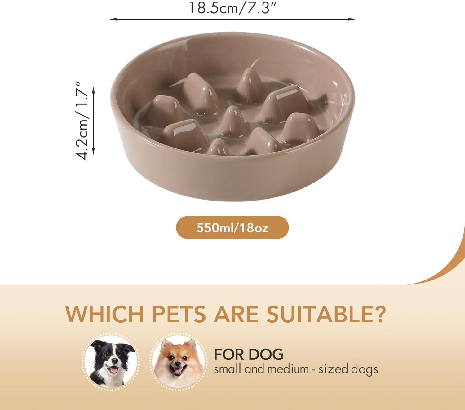 Ceramic 7.3 inch Dog Bowl Slow Feeder, Slow Pet Food Dish for Medium and Small Dog, Stop Bloat, Preventing Choking(Single Bowl, Brown Coffee) - Pet Explorer