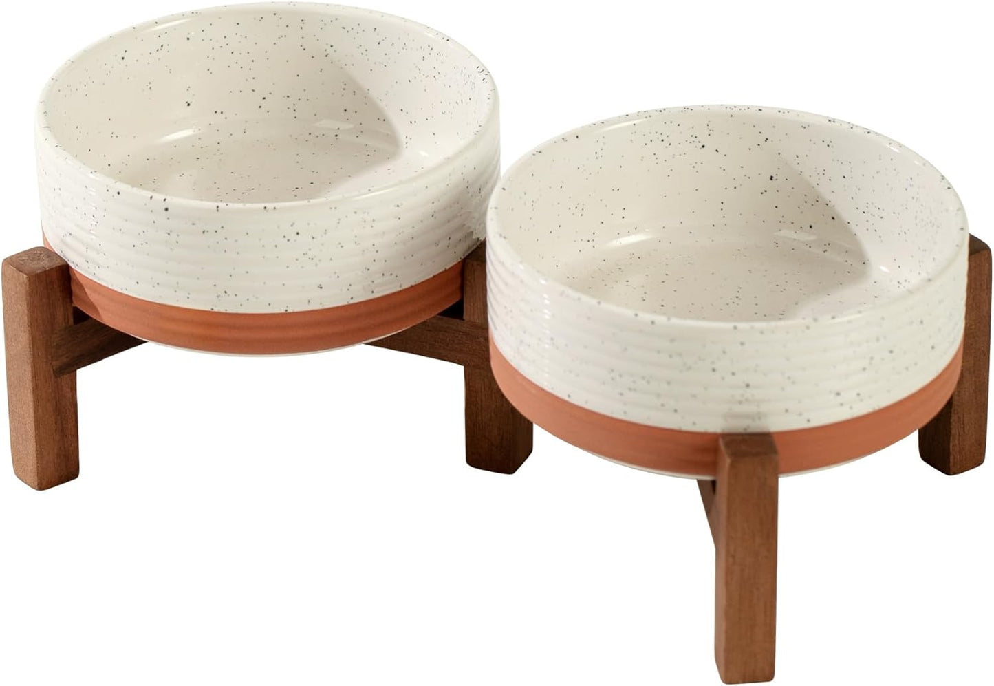 Ceramic 5.1inch Raised Double Bowls Set with Acacia Wood Stand, 2 Heights Elevated, Food & Water Bowls for Puppy, Kitty, Cats(13.5oz, Vanilla White) - Pet Explorer