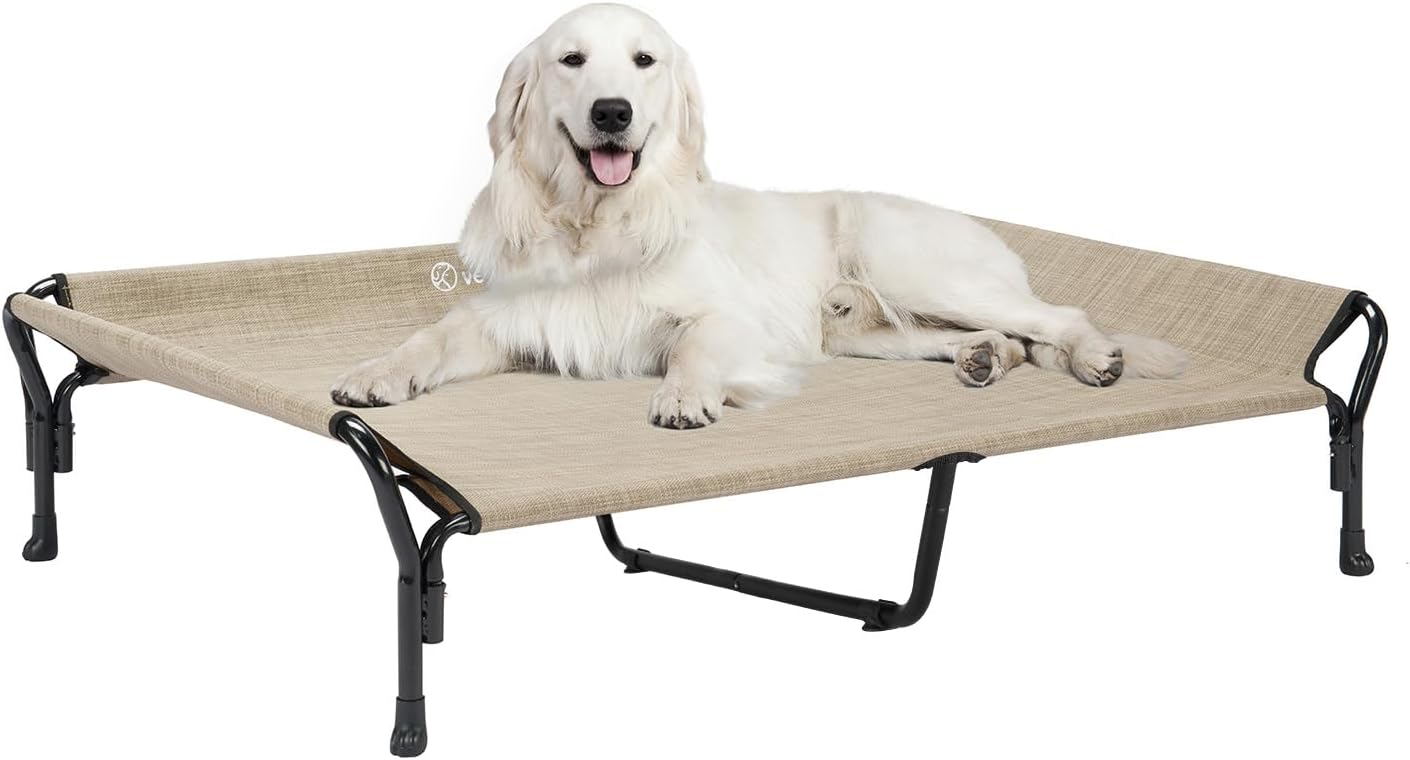 Veehoo Cooling Elevated Dog Bed, XL Raised Pet Cot with Guardrail & Slope Headrest, Durable Breathable Teslin Mesh, Non-Slip Feet, Washable Dog Couch Bed for Indoor & Outdoor, 50.5" x 33.5", Beige - Pet Explorer