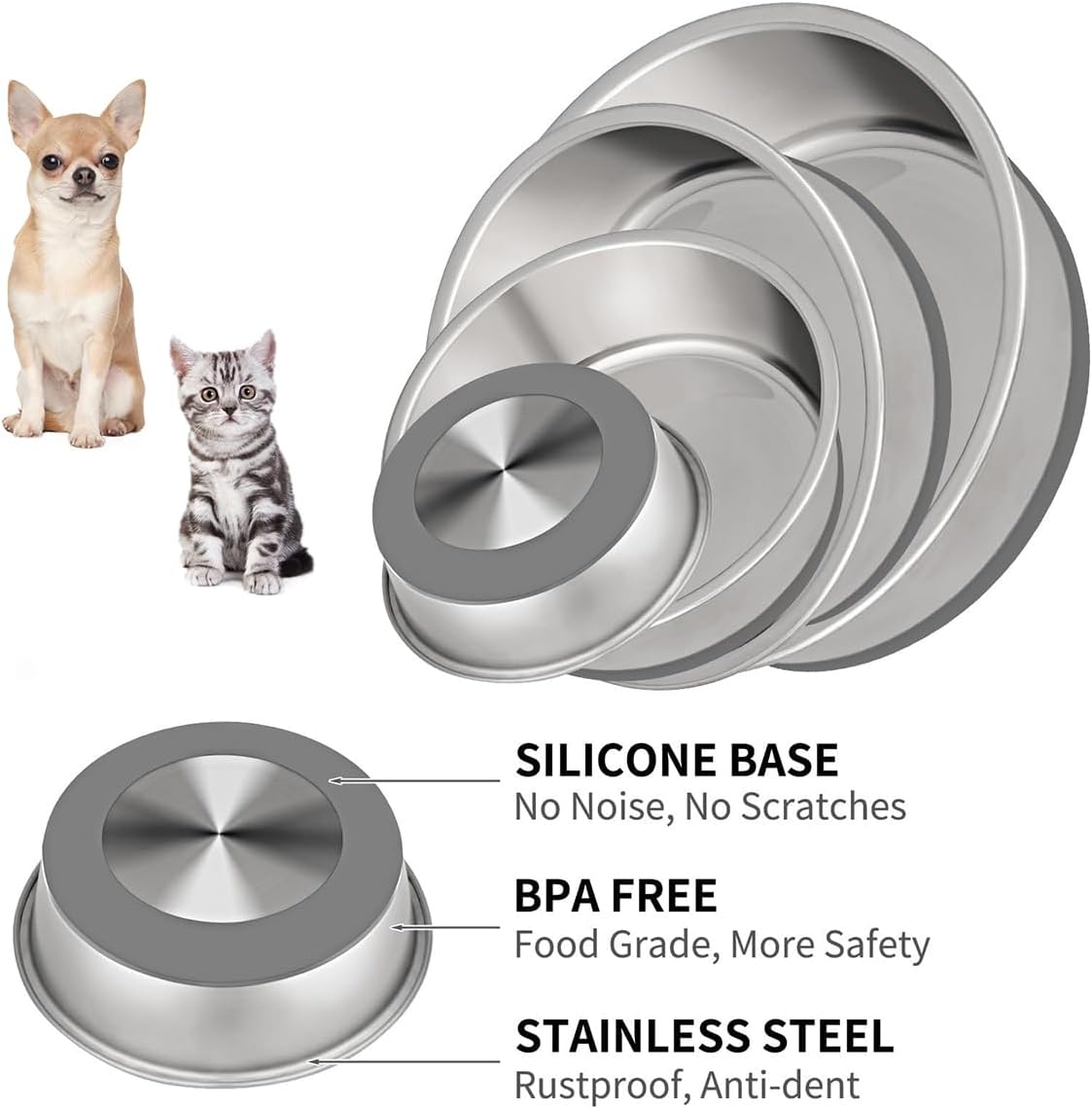 Taglory 2 Cup Stainless Steel Dog Bowls Set of 2 for Food and Water, Silicone Base Anti-Slip, Rust Resistant, Extra Thick Metal Dog Bowl for Cats and Puppies, 17oz, Gray - Pet Explorer