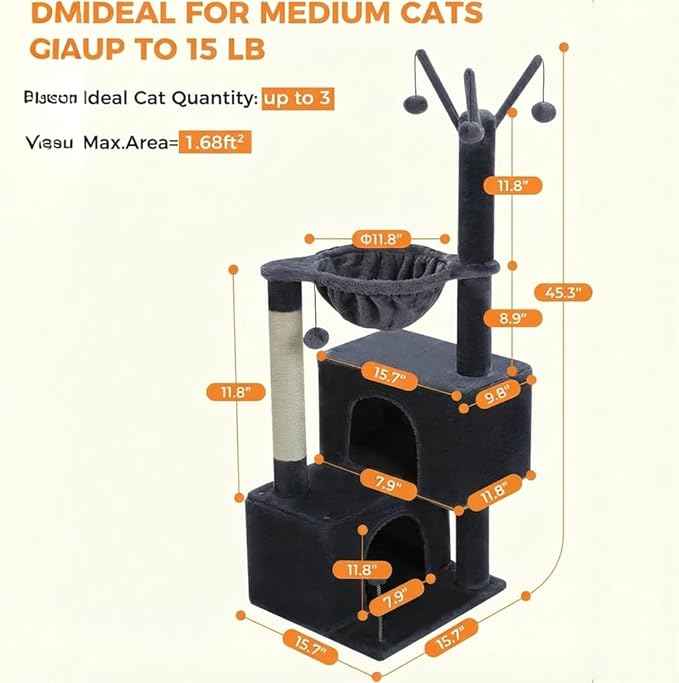 Cat Tree 45" for Indoor Cats, Compact Cat Tower with 2 Condos, Hammock Bed & 5 Hanging Ball Toys, Space-Saving Sturdy Cat Condo Furniture for Kittens & Small-Medium Cats