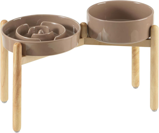 Ceramic Raised Slow Feeder Dog Bowl Set, Elevated 8.2inch Bowl and 9.5inch Puzzle Slow Food Dish with Wooden Stand for Large Dog, Anti-Gulping (2X Brown Coffee+ Stand) - Pet Explorer