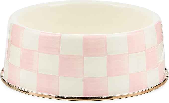 MACKENZIE-CHILDS Enamel Pet Bowl, Cute Cat and Dog Bowl for Food and Water, Large, Pink-and-White Rosy Check