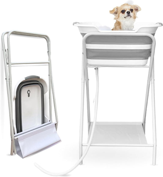 CYGNE 2-in-1 Dog Bathtub & Washing Station, Elevated Collapsible Bathtub with Drainhole & Storage Rack, Foldable Portable Indoor/Outdoor Pet Bathing & Grooming for Small Dogs Cats - Pet Explorer