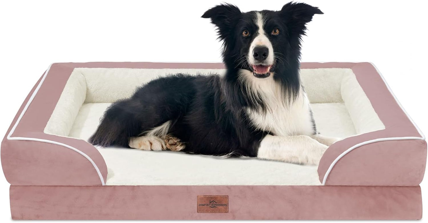 Comfort Expression Large Dog Beds Waterproof Orthopedic Foam Dog Beds for Large Dogs Sofa Comfy Pet Bed with Non-Slip Bottom & Washable Removable Cover(Pink) - Pet Explorer