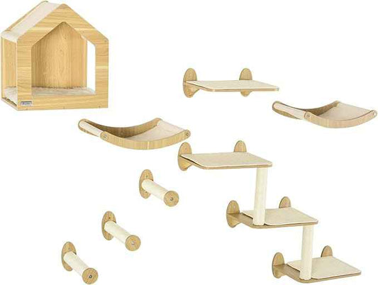 10-Piece Wall-Mounted Cat Tree Set, Multi-Level Cat Climbing Shelves with House, Hammocks, Perches and Scratching Posts for Indoor Cats, Wooden Cat Furniture