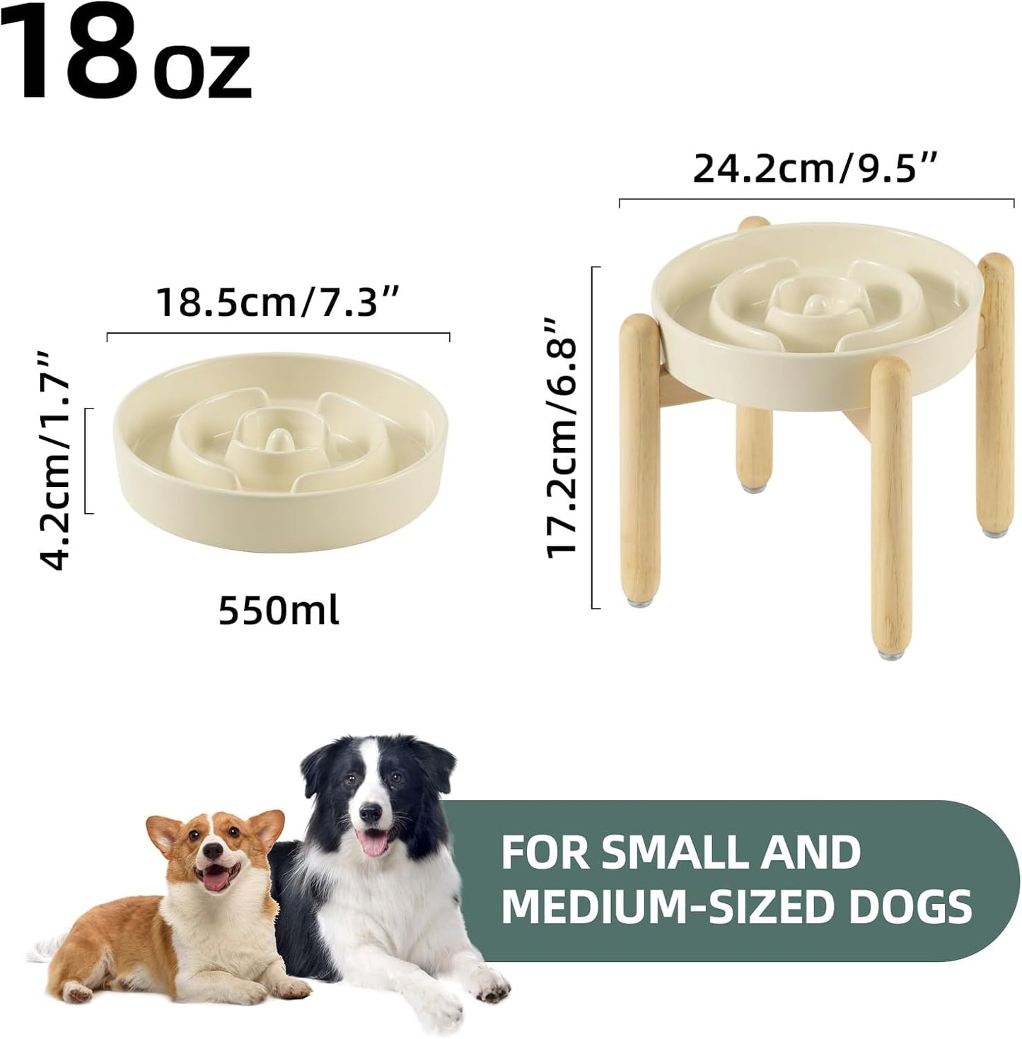 7.3inch Ceramic Raised Slow Feeder Dog Bowl Set, Elevated Wooden Stand for Medium and Small Dog, Puzzle Slow Dish, Anti-Gulping(Beige, Single Bowl+ Stand) - Pet Explorer