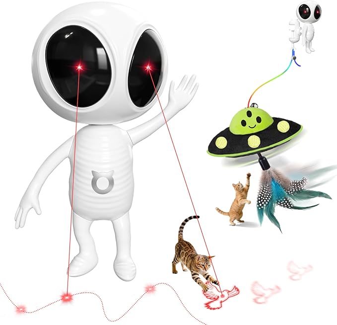 Cat Laser Toy, 2-in-1 Interactive Toys with Dual Laser & Catnip UFO Dangler, Smart Motion-Activated Random Trajectory, 4 Speed Modes, Rechargeable, Quiet & Clamp Design for Bored Indoor Cats