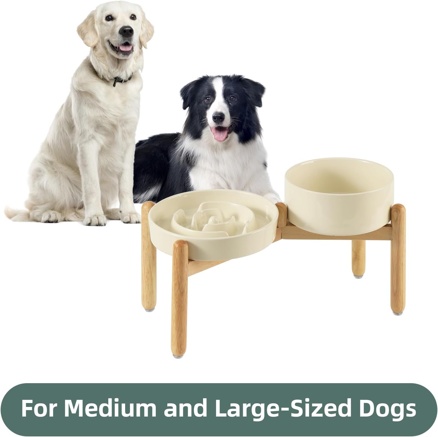 Ceramic Raised Slow Feeder Dog Bowl Set, Elevated 7.3inch Bowl and 8.2inch Puzzle Slow Dish with Wooden Stand for Medium and Large Dog, Anti-Gulping (2X Beige+ Stand) - Pet Explorer