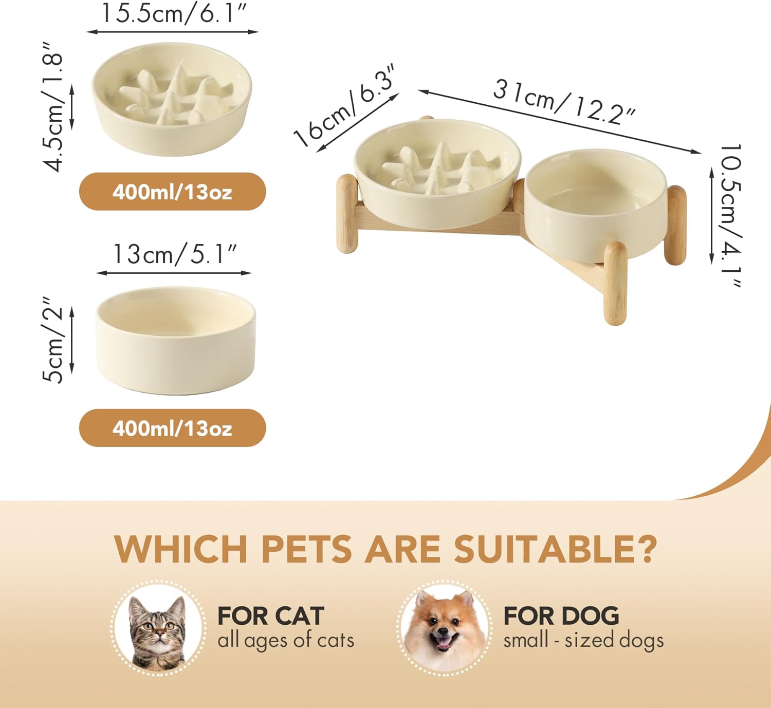 Ceramic Raised Slow Feeder Dog Bowl Set, Elevated 5.1inch Bowl and 6.1inch Slow Pet Food Dish with Wooden Stand for Small Dog and Cat (2 x Beige+ Stand) - Pet Explorer