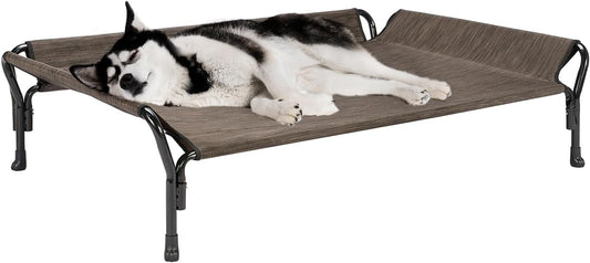 Veehoo Cooling Elevated Dog Bed, Raised Pet Cot with Guardrail & Slope Headrest, Durable Breathable Teslin Mesh, Non-Slip Feet, Washable Dog Couch Bed for Indoor & Outdoor, Large 47" x 32", Brown - Pet Explorer