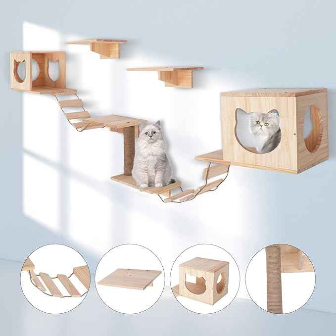 Wall Wood Cat Climber Set, Wall Mounted Cat Furniture Wooden Cat Shelves and Perches for Wall Cat Steps Ladder Cat Bed Activity Tree Cat Climbing