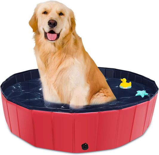 Foldable Dog Pool, 39" x 12" Kiddie Pool with Hard Plastic, Non-Slip Dog Bath Tub for Outdoor Backyard, Collapsible Dog Swimming Pool for Kids Dogs Pets (Red) - Pet Explorer