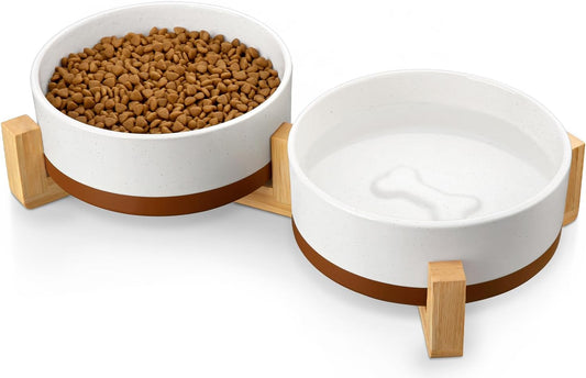 MALACASA Ceramic Dog Bowls, Dog Bowls for Medium Sized Dogs with Wood Stand - Pet Food & Water Bowl Set for Cat Medium Dogs, Weighted Glaze Matte.34 OZ (M-3.5 Cups) - Pet Explorer