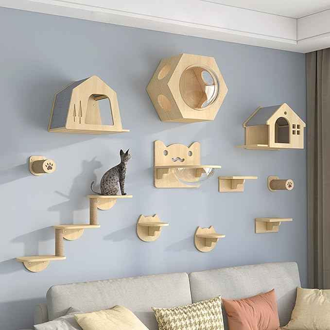 Cat Climbing Wall Mounted Cat Bed Wooden Includes House Bridge Tree Steps and Scratcher (color01)