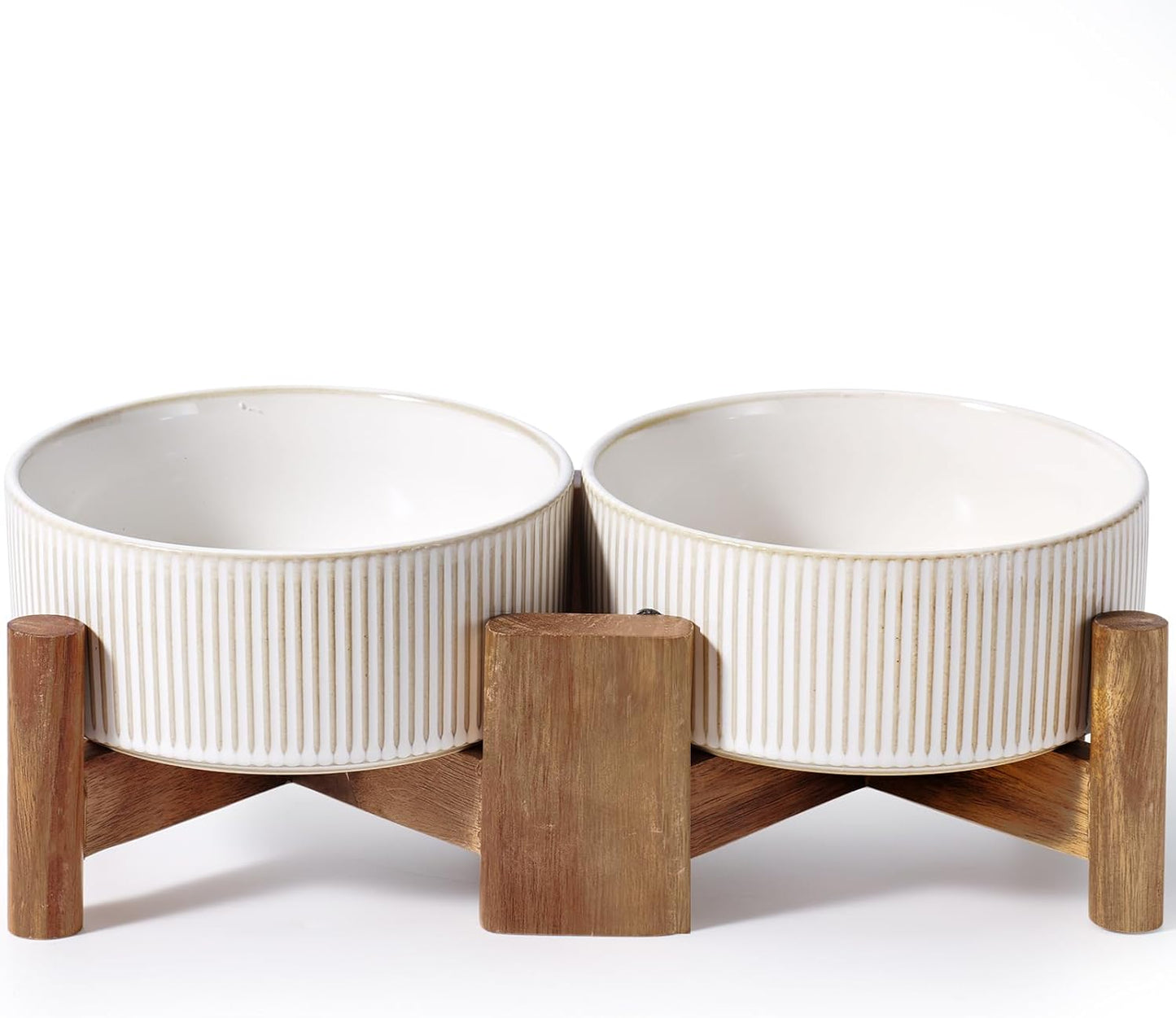 Getstar Ceramic Dog Bowls with Acacia Wood Stand, 30 fl oz, Set of 2, Dog Food Bowl, Cat Bowls (6.5 inches) (Vintage White) - Pet Explorer