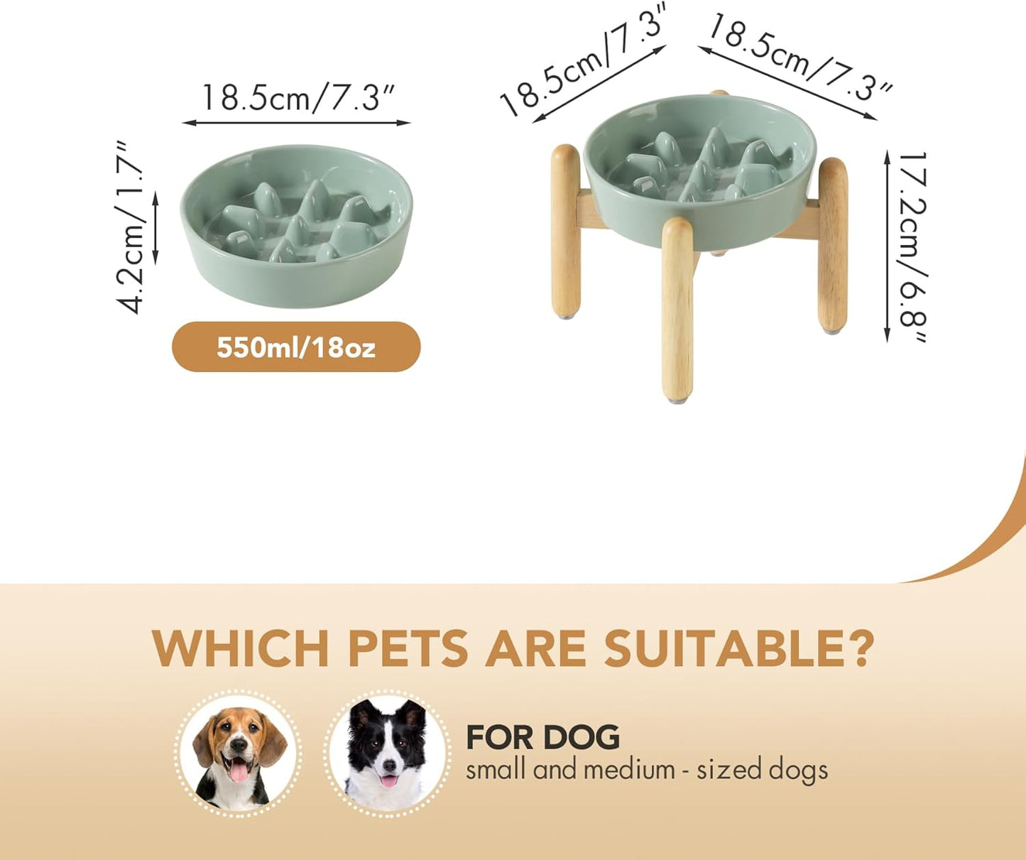 7.3inch Ceramic Dog Raised Slow Feeder Set, Elevated Bowl with Wooden Stand for Medium and Small Dog, Slow Feeder Dish for Fast Easters(Light Green, Single Bowl+ Stand) - Pet Explorer