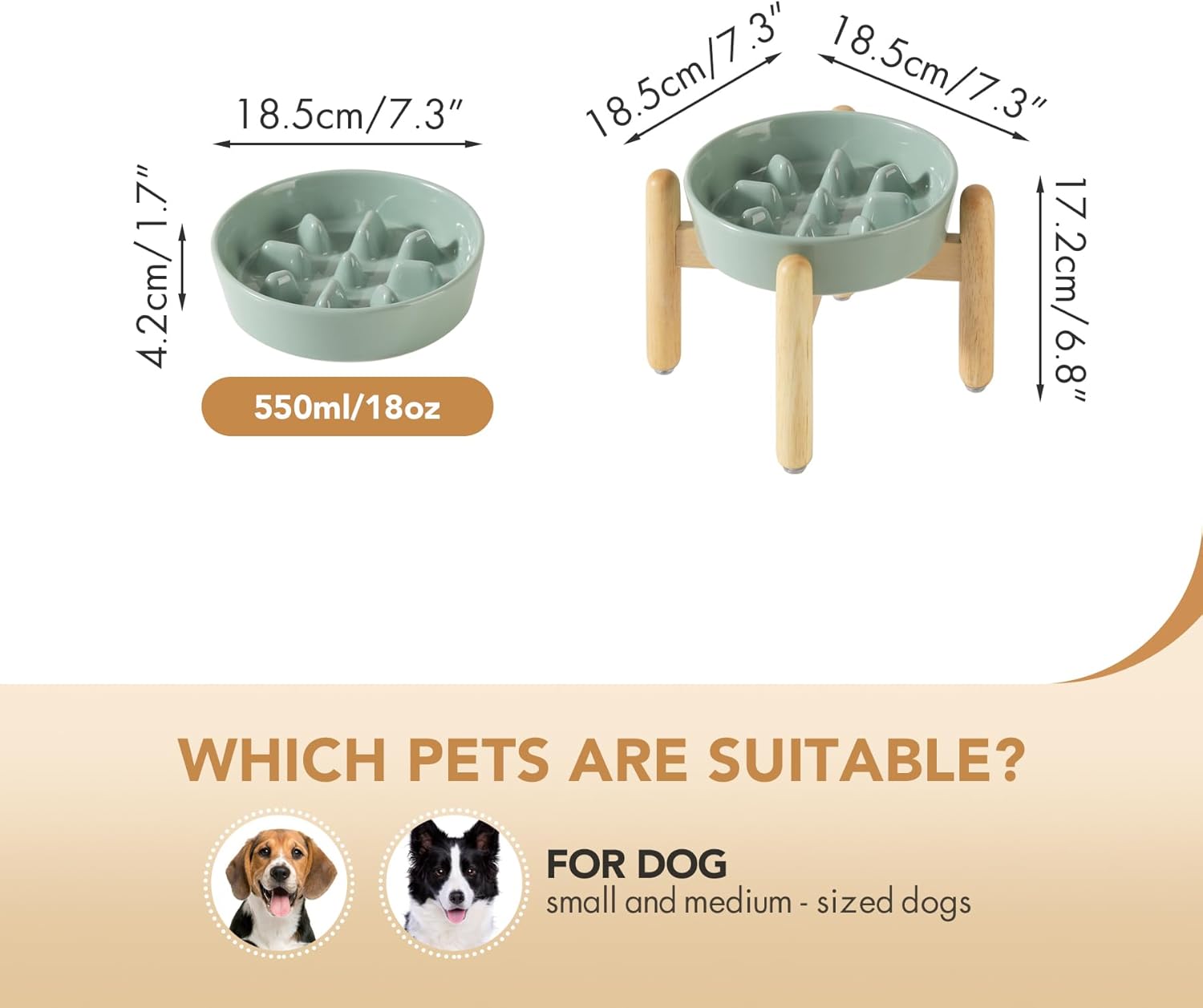 7.3inch Ceramic Dog Raised Slow Feeder Set, Elevated Bowl with Wooden Stand for Medium and Small Dog, Slow Feeder Dish for Fast Easters(Light Green, Single Bowl+ Stand) - Pet Explorer
