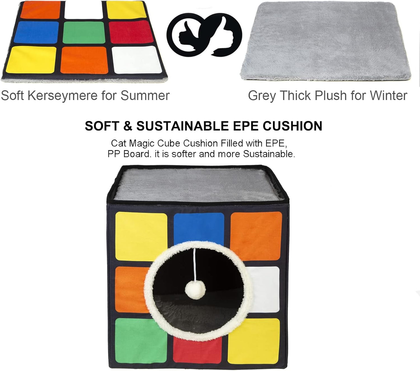 LUCKITTY Cat Condo House with Reversible Cushions and Fluffy Ball Hanging, Foldable Magic Cube, Large Cave Bed for Indoor Cats, Unique Puzzle Shape Lagre 16.5“ x 16.5" x 16.5” - Pet Explorer