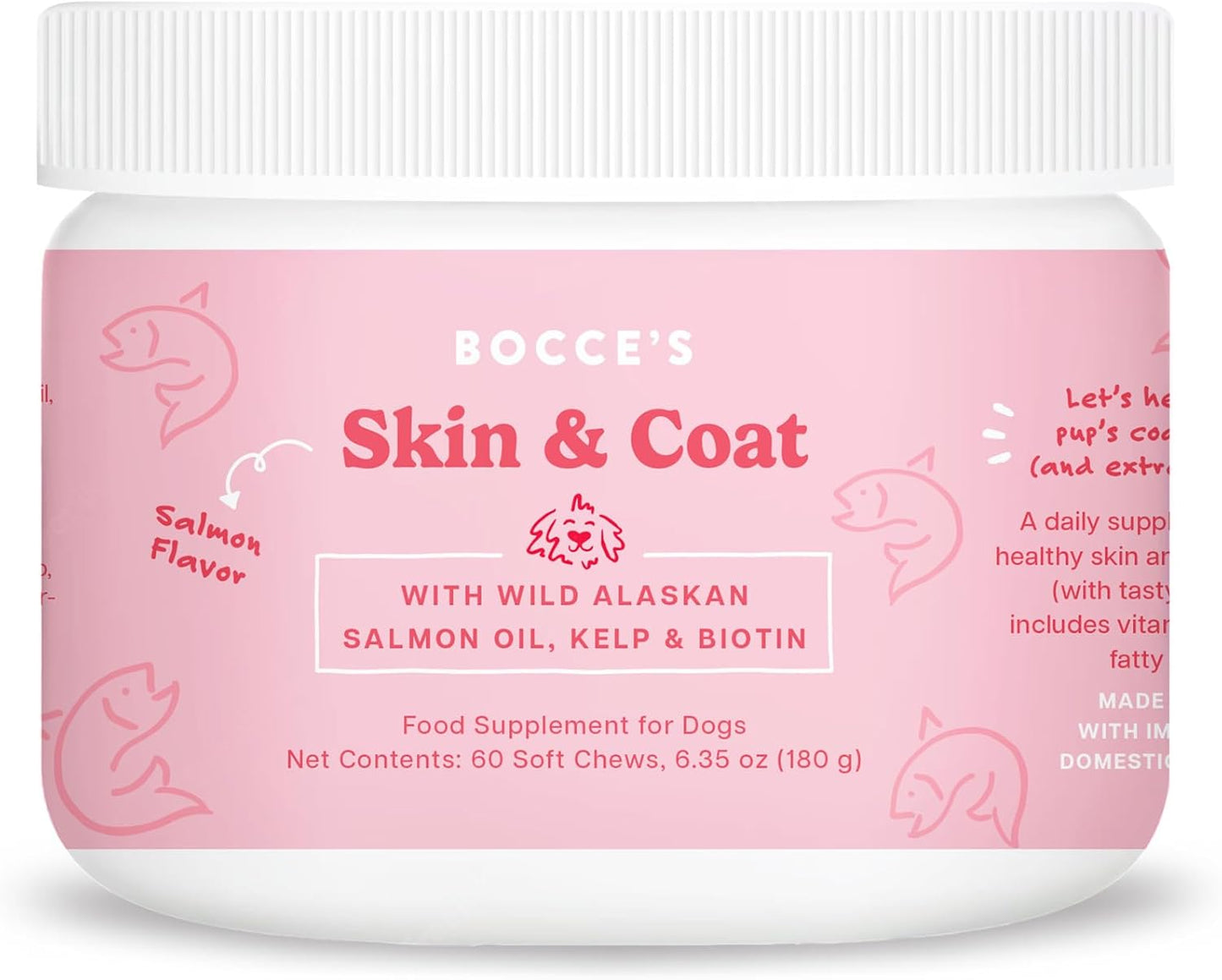 Bocce's Bakery Skin & Coat Supplement for Dogs, Daily Chews Made in The USA with Vitamin E & Essential Fatty Acids, Supports Healthy Skin & Coat, Salmon, 60 ct, Red (DG-SP-SKIN60) - Pet Explorer