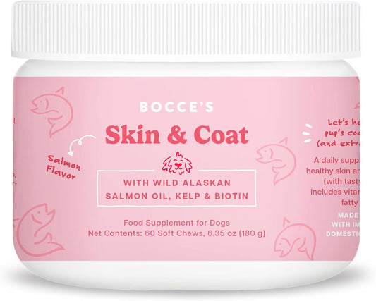 Bocce's Bakery Skin & Coat Supplement for Dogs, Daily Chews Made in The USA with Vitamin E & Essential Fatty Acids, Supports Healthy Skin & Coat, Salmon, 60 ct, Red (DG-SP-SKIN60) - Pet Explorer