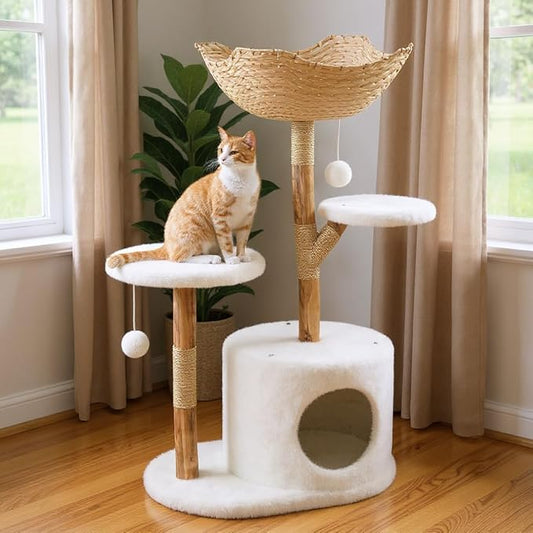 Real Wood Modern Cat Tree Tower, Cat Scratching Post with Bed for Indoor Cats with Natural Wicker Condo, Aesthetic Tree Stand, Boho Luxury Pet Furniture Two Platform