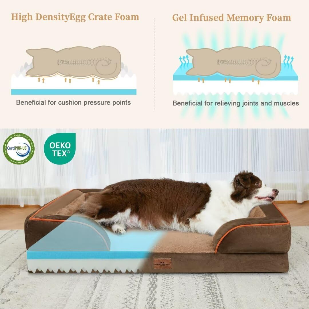 Comfort Expression Memory Foam Dog Beds, Washable Dog Bed Jumbo Breed, Orthopedic Dog Bed Waterproof Pet Sofa Couch with Bolster & Removable Cover(Jumbo,Khaki Brown) - Pet Explorer
